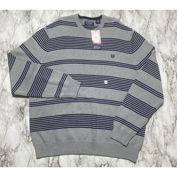 Chaps Other - CHAPS Sweater Mens Size 2XL Gray Navy Striped Embroidered‎ Logo NWT